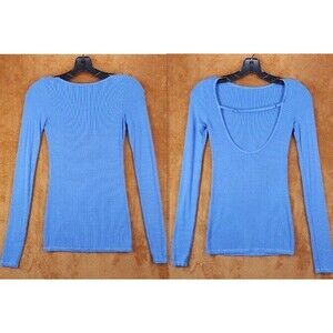 ENZA COSTA Womens Top XS Blue Pullover Long Sleeve Scoop Back Ribbed Stretch